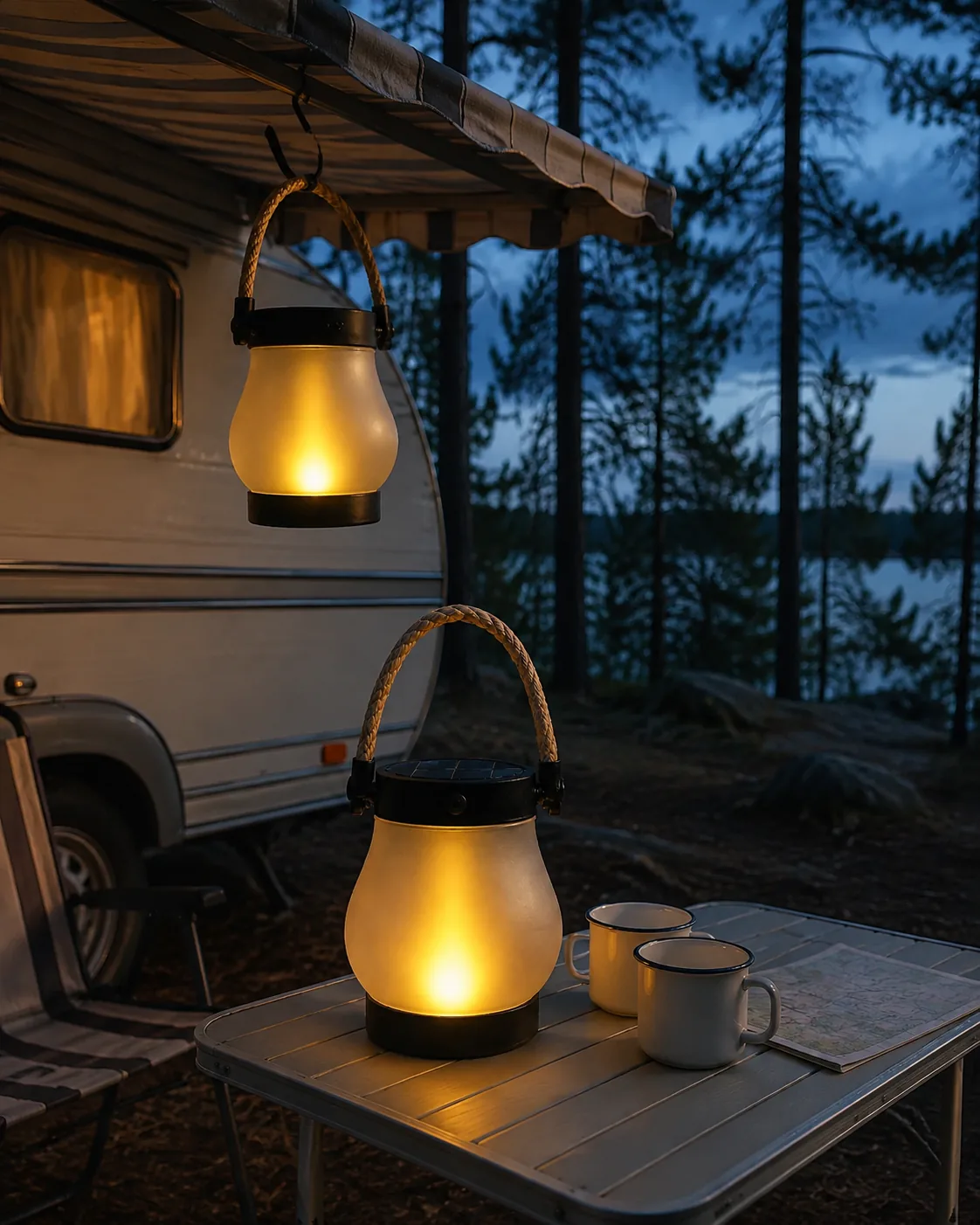 Två FLAMMLYKTOR vid husvagn och campingbord