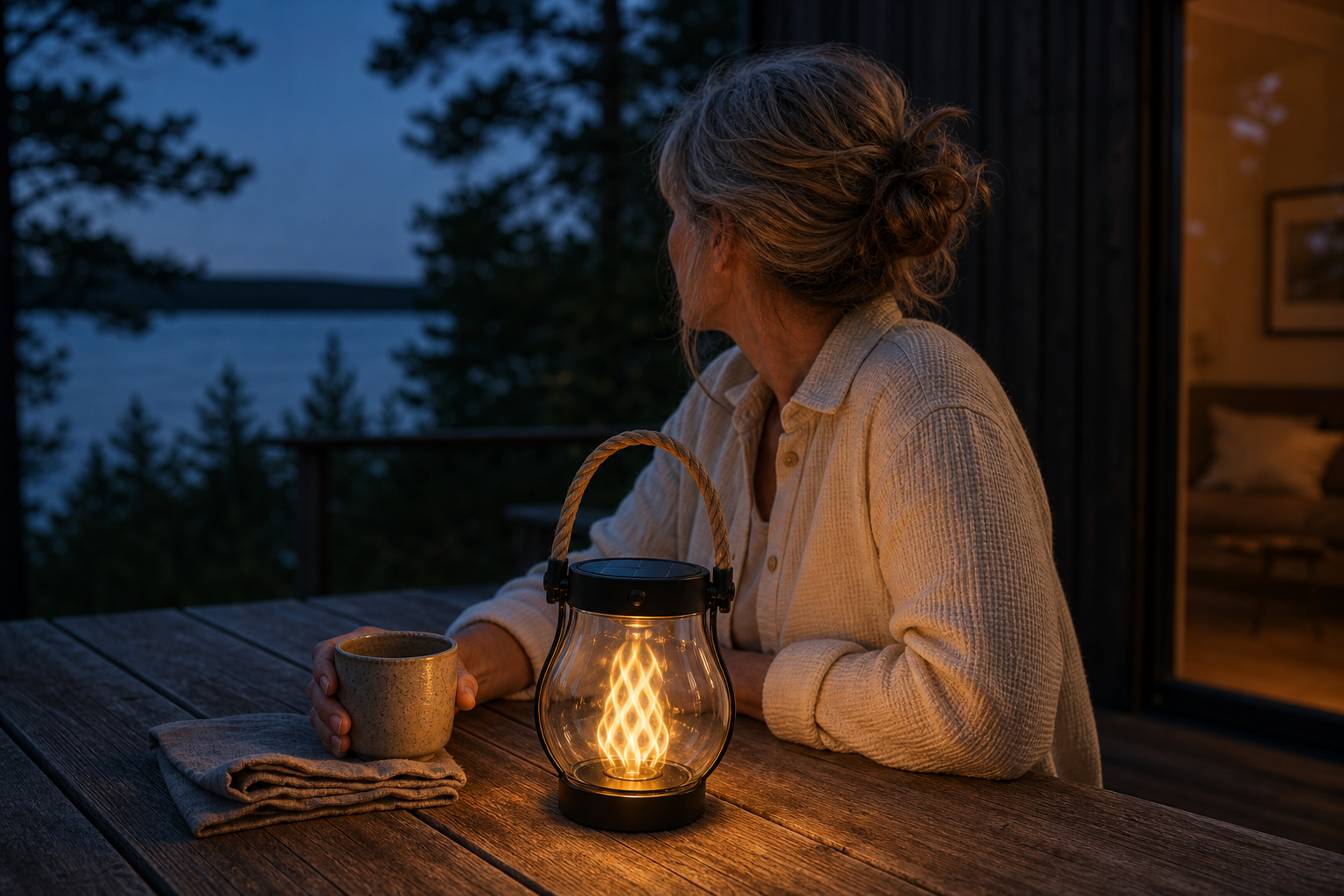 Kvinna vid ett bord i skymningen med en tänd FLAMMLYKTAN